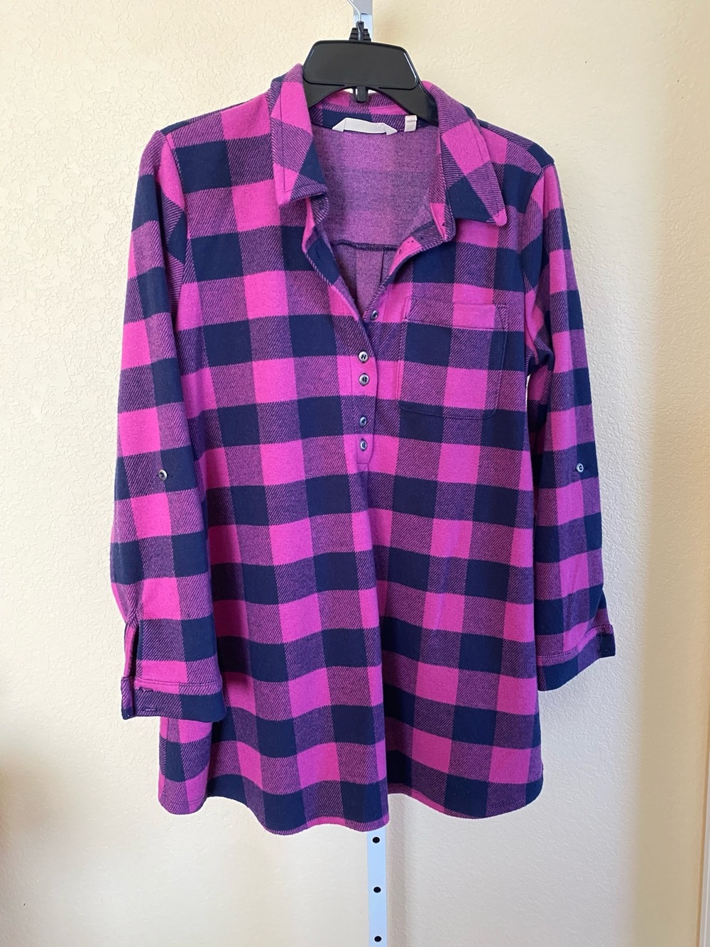 Soft Surroundings Pink and Navy Plaid Roll-Tab Henley Tunic